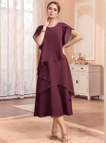 Chiffon Tiered Mother of Bride Dresses for Women Tea Length Formal Wedding Guest Dress3