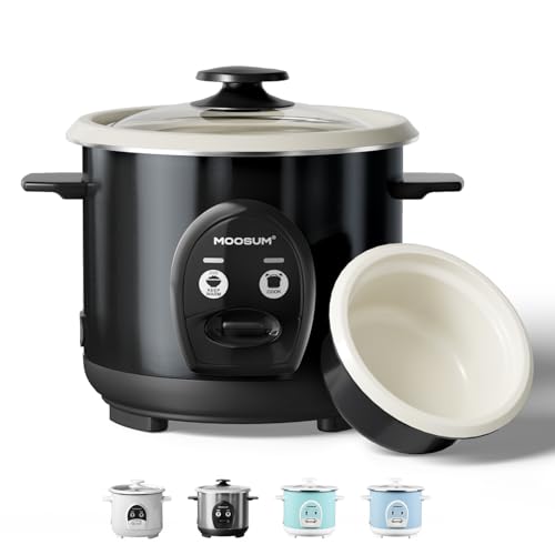 Moosum Arrocera 0,6L-3Cups(Sin cocer) con Vaporera, Revestimiento cerámico, Pequeña capacidad, Negro
