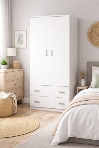 Vep Home Armario Ropero Blanco de 2 Puertas con 2 Cajones, Moderno y Espacioso para Dormitorio, Organizador de Ropa y Almacenaje 180x74x52 (AltoxAnchoxFondo)