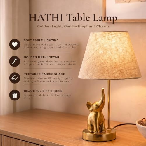 Image of BEHOMA Luxury Elephant Figurine Table Lamp Set, Antique Gold - Set of 2 | Luxury Aluminium Elephant table lamp in Antique Gold - as an accent lighting piece for living room - great housewarming gift