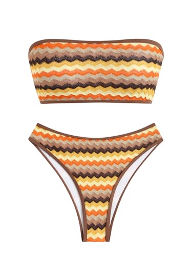 Image of ZAFUL Women Strapless Textured Bandeau Bikini 2 Piece Swimwear Cheeky Solid Lace up Bathing Suits