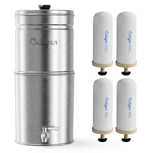 Image of Culligan MaxClear 2.25 Gallon Gravity Water Filter System, Brushed Stainless-Steel Countertop Water Filter NSF /ANSI Certified to Reduce Microplastics, Lead & Total PFAS, with 4 Ceramic Filters