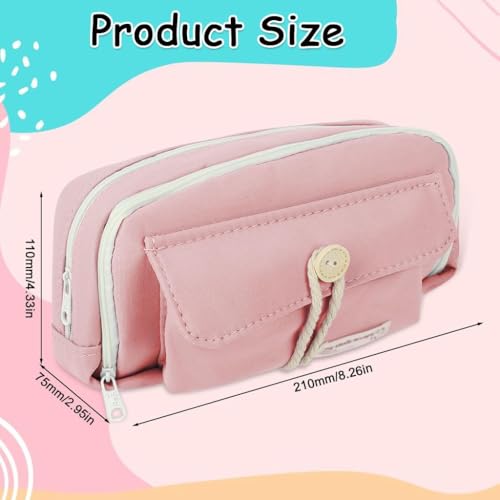 Image of Canvas School Bag Pencil Case, 3 Layer 6 Compartment Large Capacity, Aesthetic Pencil Pouch for Stationary, Cute Stationery for Kids, Pencil Case for Girls & Boys (Our Timer Pink)