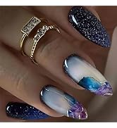 Almond Press on Nails Medium Fake Nails With Purple Marble Texture Designs Gold Line False Nails ...
