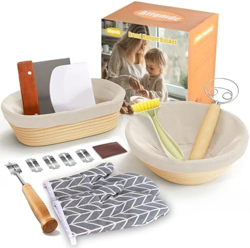 Banneton bread proofing basket Baking Set with Heat-Resistant Gloves, Sourdough Tools, Includes 9-inch Round and 10-inch Oval Bread Making Tools, Baking Supplies