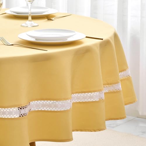 EHouseHome Heavy Duty Fabric Tablecloth with White Lace-Waterproof/Wrinkle Free/Stain Resistant/Oil Proof-for Dining,Indoor&Outdoor,Wedding,Holiday,Yellow,Round 60Inch by EHouseHome - Used condition - US$22.79