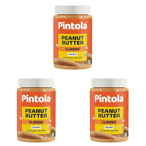 Image of Pintola Original Classic Peanut Butter Creamy 1kg - with High Protein 26g & 7.2g Fiber, Premium Roasted Nuts, Gluten Free, Zero Trans Fat, with MUFA Good Fats, Vit E & B3, Dairy Free (Pack of 3)