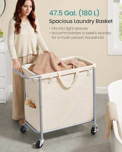 SONGMICS Wäschekorb mit Rädern, rollender Wäschekorb, 47,5 Gallonen (180 L), abnehmbares Futter, Stahlrahmen mit Griff, 31,5 x 15,4 x 31… – Ansicht 3