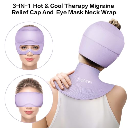 Image of Migraine Relief Cap and Neck Ice Pack Wrap with Ice Eye Masks,3 in 1 Detachable Hot and Cold Therapy Headache Relief Cap for Headaches, Stiff Neck,Eye Fatigue, Tension and Pain (Light Purple)