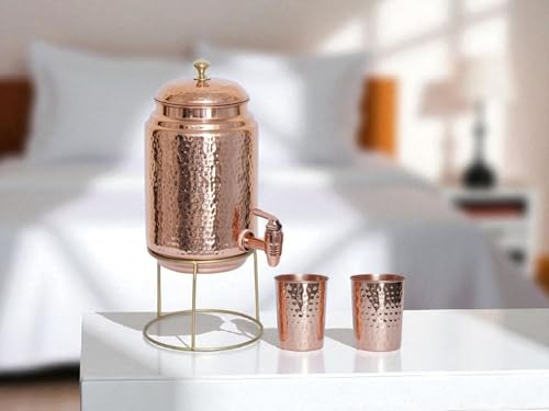 Image of Pure Copper Water Dispenser with Stand & 2 Glasses (5 Litre) | Hammered Copper Water Pot Matka with Leak-Proof Tap | Ayurvedic Copper Tank for Drinking Water, Rustproof & BPA Free
