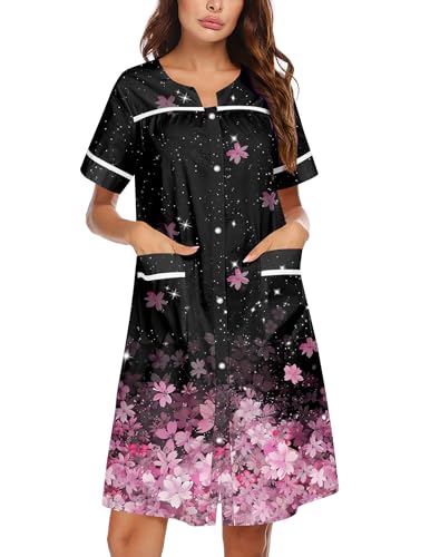 Image of Ekouaer Nightgowns for Women House Dress with Pockets Snap Front House Coat Short Sleeve Duster Moo Moos Sleepwear S-3XL