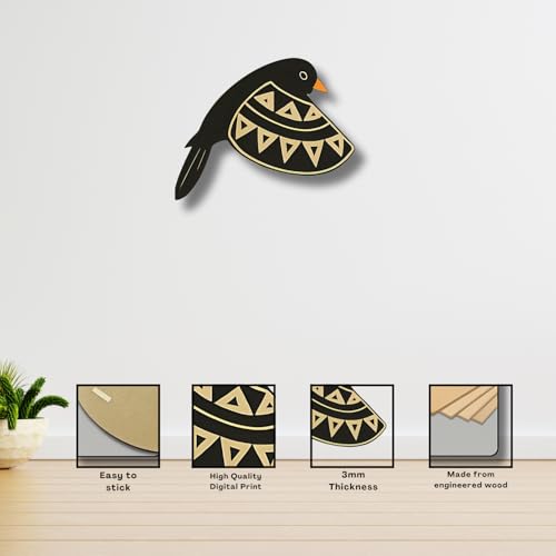 Image of GiftOday Wooden 3D 5 Pieces Birds for Wall Art Panel | Wood Bird Folk Art Wall Hanging Art Decoration Item for Living Room, Bedroom, Drawing Room, Dining Room & Office (Black) Pack of 1