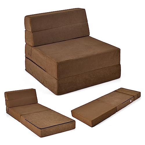 COSTWAY Colchón Plegable 3 en 1, Sofá Cama Plegable en 3 Secciones, Colchón de Espuma de Densidad de 15 cm, Funda Extraíble y Lavable, Cama de Invitados Portátil 190 x 70cm (café)
