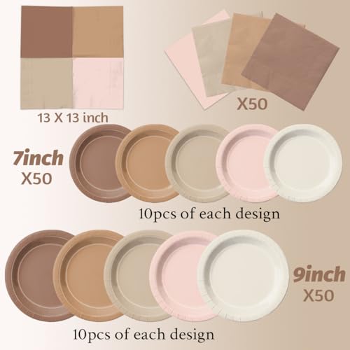 Image of CMUSKO Boho Baby Shower Decorations-150Pcs Gradient Brown Plates and Napkins Kit Serves 50,Neutral Boho Party Supplies for Bridal Shower,Wedding, Birthday
