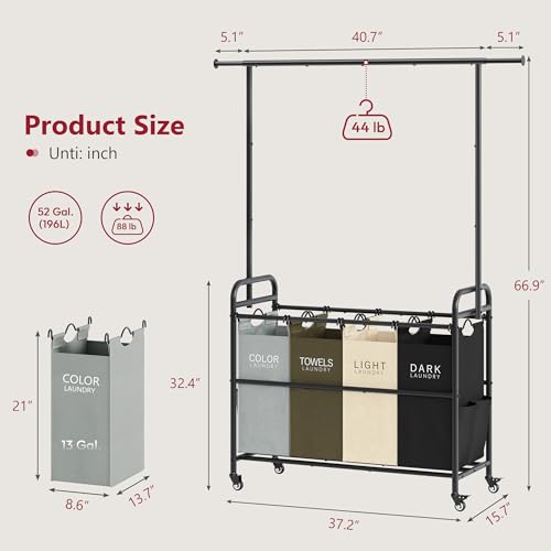 Tajsoon LCR74B Laundry Sorter Cart With Hanging Clothes Rack thumb #5