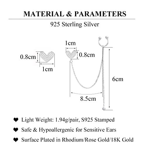 Sluynz 925 Sterling Silver Heart Cuff Earrings Chain For Women Teens Asymmetric Heart Earrings Crawler Earrings #TOP6