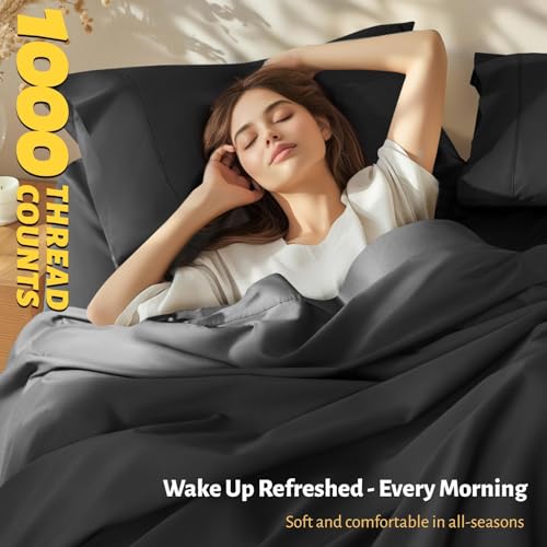 Shilucheng 100% Egyptian Cotton Queen Size Sheets Set - 1000 Thread Count，Luxury Cotton Bed Sheets，Breathable & Cooling Bedding and Pillow Cases, 16 Inch Deep Pocket - 6 Piece (Black, Queen)