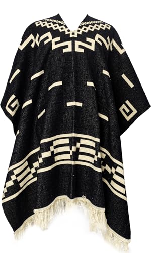 Poncho en alpaga style occidental Clint Eastwood géométrique andin fait main artisanal équatorien doux et chaud, noir, taille unique