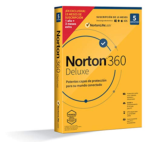 Norton 360 Deluxe 2020 Symantec - Antivirus software para 5 Dispositivos y 15 meses de suscripción, Secure VPN y Gestor de contraseñas, para PC, Mac tableta y smartphone