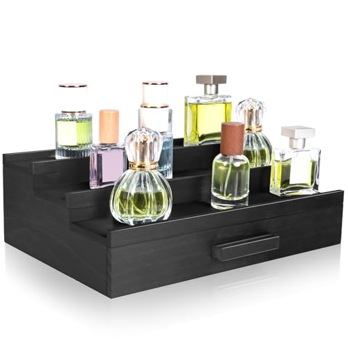 Leekimid Wooden Cologne Organizer for Men, 3 Tier Perfume Organizer Display Shelf with Drawer Storage and Hidden Compartment, Large Capacity Walnut Perfume Holder Great Gift for Man(Black)
