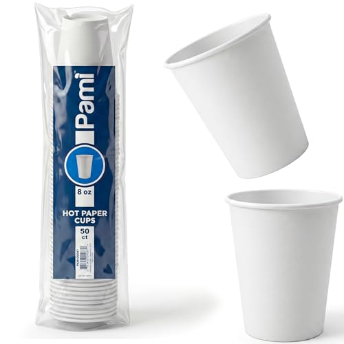 PAMI 8 oz 50 Hot Paper Cups Disposable Coffee Cups for Hot Drinks Leak-Resistant Plain White Ideal for Office Home Events & To-Go Beverage Use