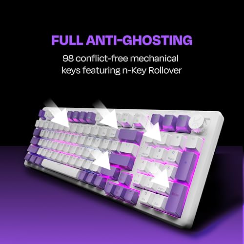 Image of Kreo Hive Wired Full Size RGB Backlight Gaming Mechanical Keyboard, Customizable RGB, Mechanical Switches, NKRO, Metal Volume Knob, 5-Pin Hot Swap (White-Purple, Blue Switch)