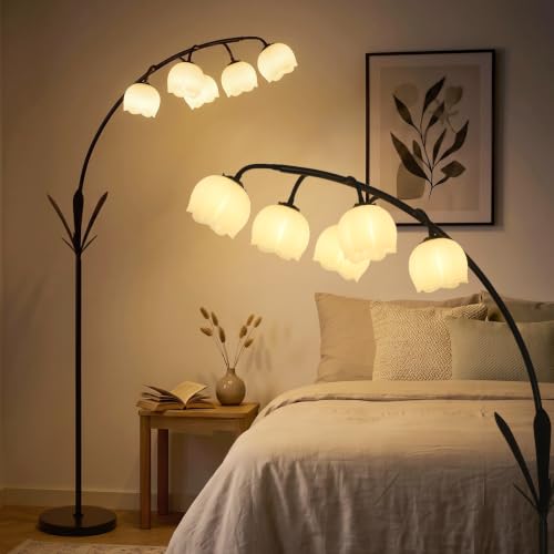 Image of HMVPL Black Floor Lamp for Living Room, Flower Floor Lamp with 5 G9 LED Bulbs, Foot Switch, Arc Standing Lamp with Acrylic Shade,Marble Base, Cute Tall Lamp for Living Room Corner Bedroom Reading Home