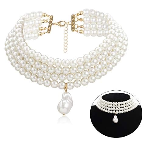 Daimay Wedding Suite Beads Choker Necklace 4 Rows Choker Simulated Pearl Rhodium Plated Elegance Statement Charm 1920s Women's Necklace Multi Layer Choker Chain Rounds Cover