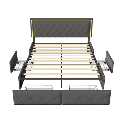 DULRLLY Bett mit Stauraum, 140x200 Polsterbett mit 4 Schubladen und LED-Kopfteil, Doppelbett Bettgestell mit Lattenrost, Jugendbett Funktionsbett Stauraumbetten Rückenlehne Bett, Dunkelgrau(PU) – Bild 8