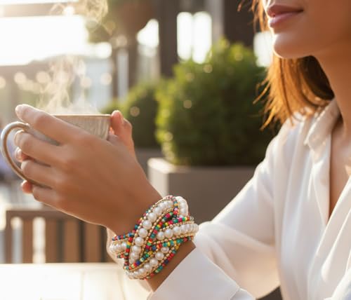 Image of Touchstone Indian Colorful Bead Bracelet Bollywood Beaten Metal Beads Openable Broad Cuff Bracelet in Gold or White Tone for Women.
