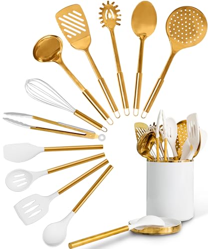 STYLED SETTINGS White and Gold Cooking Utensils Set – 13-Piece Set Includes Gold Kitchen Utensils, Ceramic Utensil Holder and Built-In Spoon Rest – Luxury Kitchen Accessories