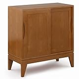SIMPLIHOME Harper Storage Cabinet - 30 inch Wide Solid Hardwood 2-Shelf Low Console Cabinet in Teak Brown, Mid-Century Modern Cupboard for Living Room with Sliding Doors and Adjustable Shelves