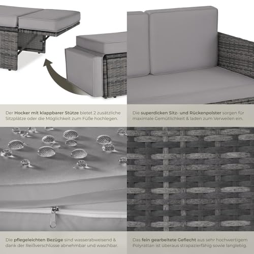 tectake Sofa Set - 2 Sitzer Sessel mit Hocker und Schlaffunktion, kleine Rattan Couch als Outdoor Gartenmöbel, wetterfest für Lounge, Balkon und Garten, klappbar mit Polstern