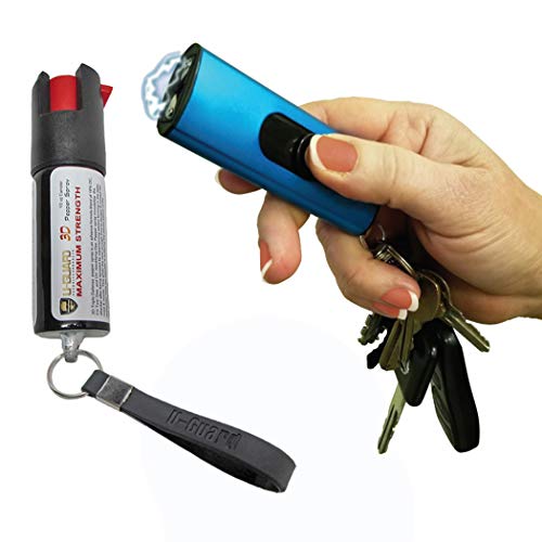 Micro Stun Gun Keychain Pepper Spray Self Defense Kit Bundle. Personal Non Lethal Weapons For Women Or Men. High Volt Rechargeable Key Chain Taser & Key Ring Max Strength Pepper Defence Spray (BLUE)