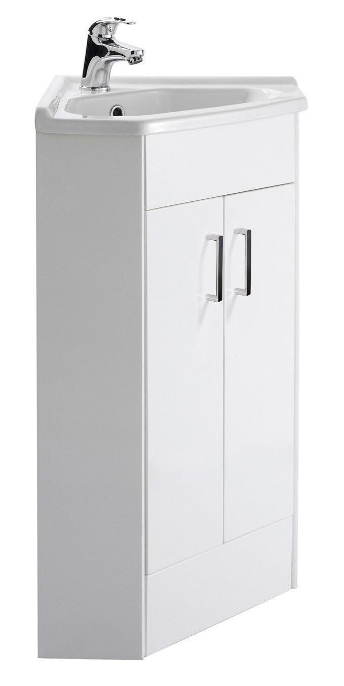 Balterley Corner Vanity Unit with Basin Floor Standing, 2 Door Soft Close with Curve Sink and Handle, Bathroom Vanity Units with Basin, Bathroom Sink Storage Cabinet - 590 x 415 x 837mm (White)