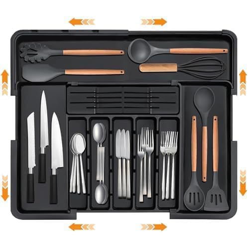 Organizador Cubiertos, Cuberteros para Cajon Cocina Extensible, Organizador Cajones Cocina de Utensilios, Cubertero Cajon, Plástico Organizador Cocina para Cucharas Tenedores Cuchillos Grandes Negros