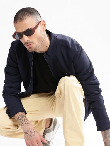 Image of SHOWOFFFF Men Solid Bomber Jacket | Mock Collar Full Sleeves Nylon Jacket for Mens | Slim Fit Jacket for Men's