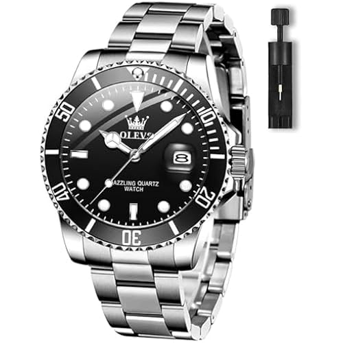 OLEVS Men's Watches with Date, Premium Gold and Silver Stainless Steel Analog Watches for Men, Classic Rotatable Bezel Men's Cuff Watches, Blue/Green/Black Dial