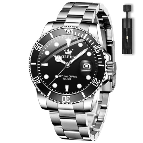 OLEVS Men's Stainless Steel Watches Black Dial Round Silver Watch for Mens Big Face Classic Rotatable Bezel Mens Easy Read Watches with Date Cheap Watch for Men Gifts Luxury Wristwatch Reloj De Hombre