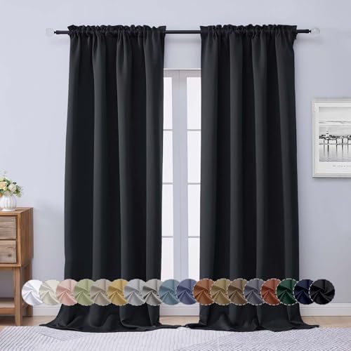 Image of Aiyufeng Black Blackout Long Curtains for Bedroom 96 Inch Length 2 Panels, Solid Thermal Insulated Energy Saving Living Room Farmhouse Window Treatment Curtains Blackout Drapes, W50 x L96 Inch
