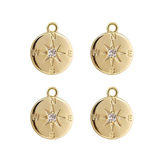 ALEXCRAFT Wholesale 4PCS 14K Gold Plated Compass Pendant Dainty Round Disk Friendship Charms Supplies for Jewelry Making