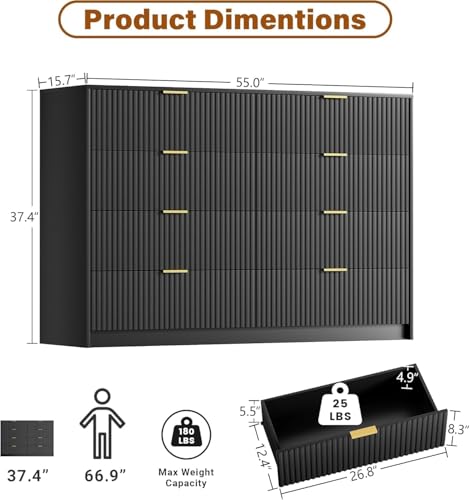 Image of 3 Piece Modern Bedroom Set, 8 Drawer Dresser with 2 Nightstands, Black