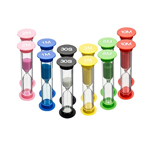 BGHK 12 Stück Sanduhr für Kinder Timer Farbige Sanduhren Set 30sec / 1min 2min 3min 5min 10min Kleine Timer, geeignet Schule, Haus Dekoration Spiel Requisiten, Bunt, CFSL-1