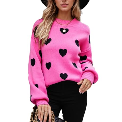Image of Women's Valentines Pullover Sweaters Cute Hearts Long Sleeve Crewneck Knitted Y2k Sweaters Kawaii Aesthetic Clothes