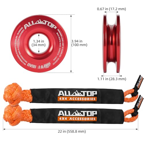 Image of ALL-TOP Synthetic Soft Shackle & Recovery Ring Kit (2PCS 1 /2in x 22in - 48300LBS Shackles + 1 Red Snatch Pulley Ring) for Winch Tackle Pulley System