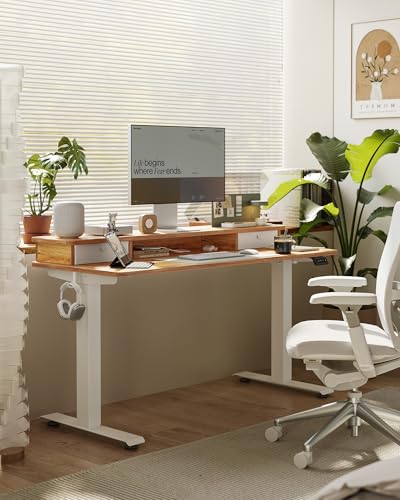 Image of FEZIBO 55 x 24 Inch Height Adjustable Electric Standing Desk with Double Drawer, Stand up Desk, Home Office Computer Workstation with 4 Height-Adjustable Feets & 2 Hooks, Light Rustic