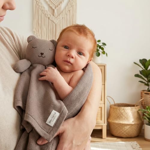 Image of Baby Gift Set - Organic Cotton Newborn Blanket and Lovey Security Blanket Set, Newborn Gifts, Baby Boy Shower Gifts (Lovey - Bear - Milk Chocolate)
