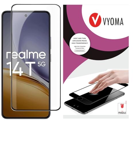 Image of VYOMA Military-Grade Gorilla Tempered Glass for Realme 14T (6.78 inch) (Black) | Edge to Edge Full Screen Coverage | Scratch Resistant | With Easy Installation Kit | Screen Protector for Smartphone | Bubble-Free | Ultra Clear HD Glass | Oleophobic Coating | High Clarity | 9H Hardness | Scratch Resistant | ShatterProof | ScreenGuard | Pack of 1)