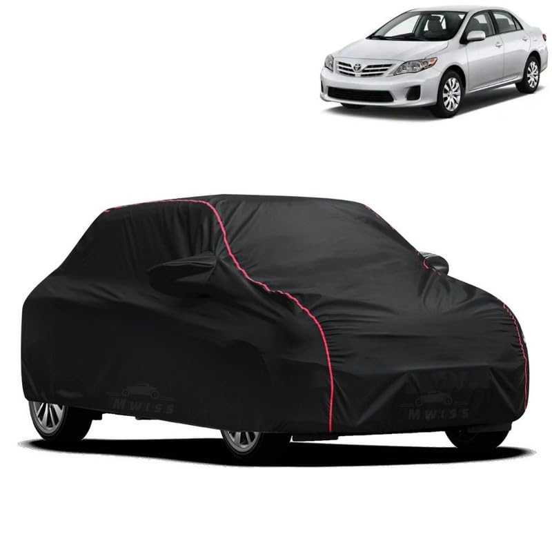 Image of Waterproof Car Cover for Toyota Corolla Old | All-Weather Protection, Dustproof & UV Resistant | Triple Stitched Mirror Pockets, Windproof Buckle Strap with Elastic Hem, Black-Red Piping