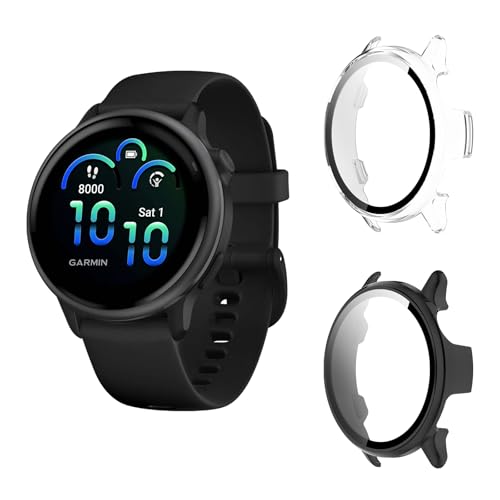 Aerku Funda Compatible con Garmin Vivoactive 6, 9H HD Anti-Choque Parachoques Anti-rasguños Protector Duro PC Marco Cristal Templado Protector de Pantalla Funda - Transparente&Negro